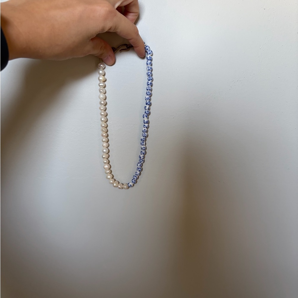 Anthropologie Pearl and Blue Beaded Necklace